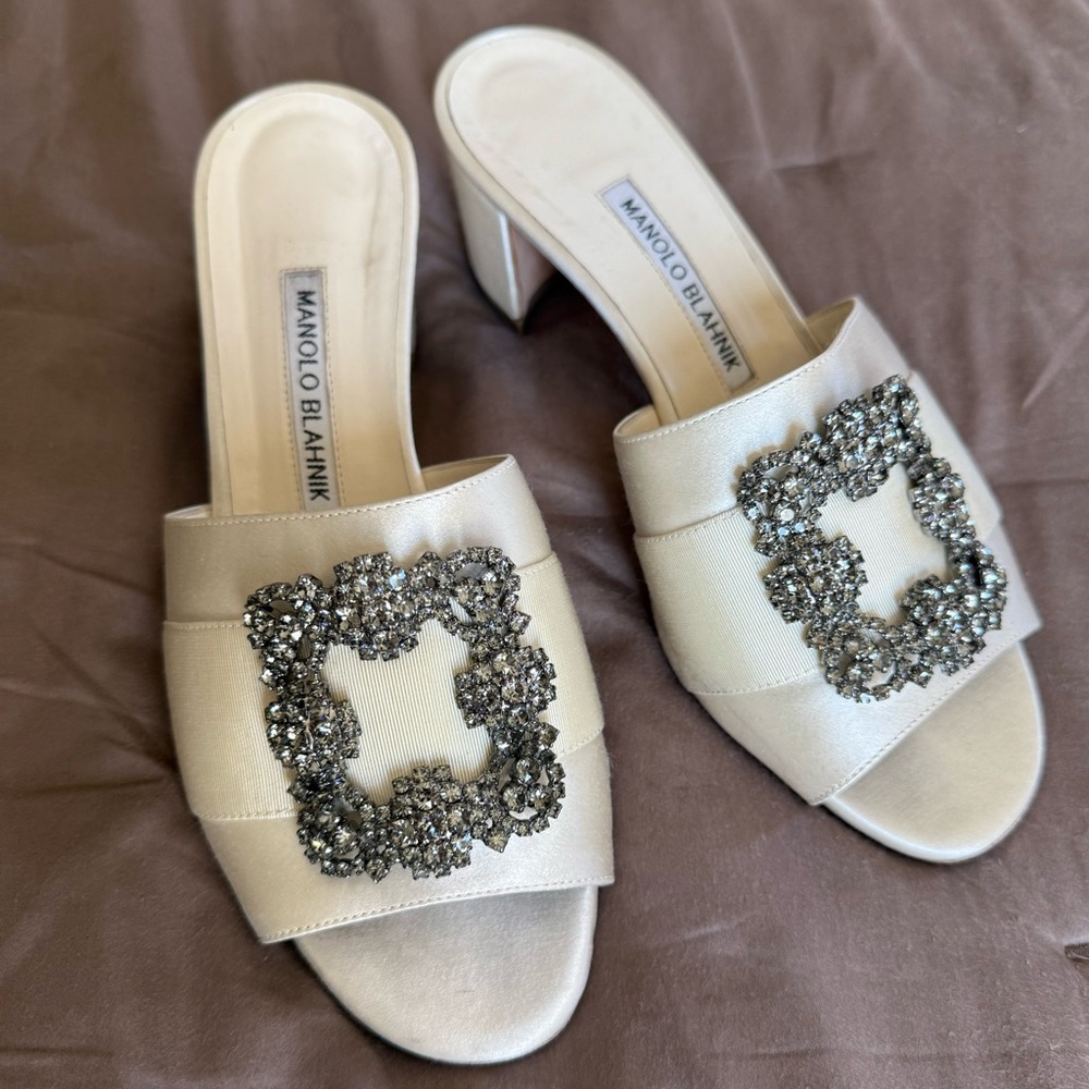 Manolo Blahnik Martanew Crystal Buckle Silk Mules